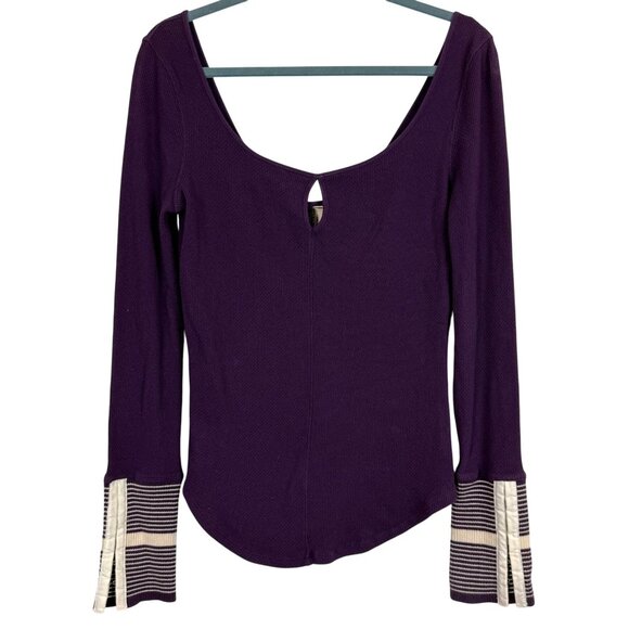 Free People Thermal Mod Striped Cuff Top Sz Large Long Sleeve Keyhole Purple - Picture 1 of 10